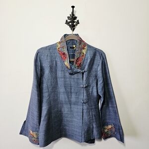 Maggie Walt Artisan Embroidered Jacket Size M Blue Cotton Mandarin Collar Top